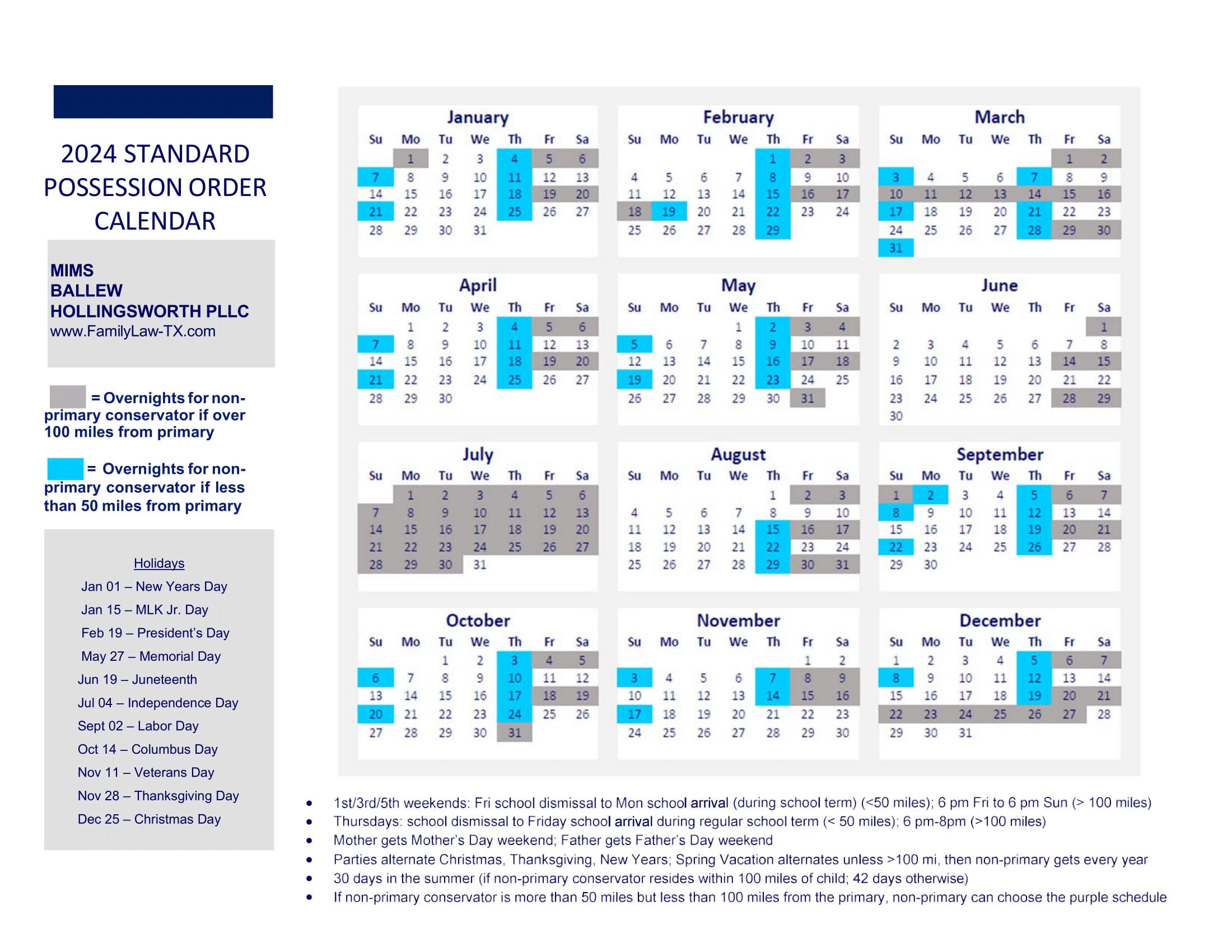 Standard Possession Order Calendar - Texas Custody Calendar